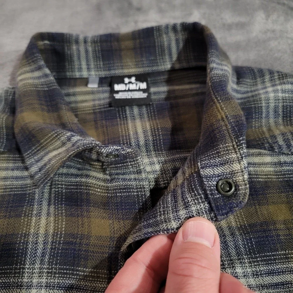Under Armour Shirt Men Med Green Blue Plaid Tradesman Flex Flannel Snap Outdoor